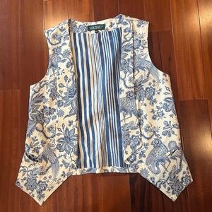 Souleiado France‎ Blue White Vest Floral Pattern Suit Vest Size 40 / Medium